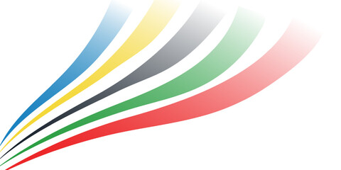 Wallpaper with abstract curved lines in blue, yellow, black, green and red  isolated on a white background. Banner or backdrop with colorful stripes symbol and copy space for text. Olympic Sports