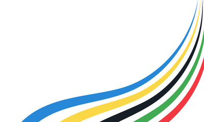 Wallpaper with abstract curved lines in blue, yellow, black, green and red  isolated on a white background. Banner or backdrop with colorful stripes symbol and copy space for text. Olympic Sports