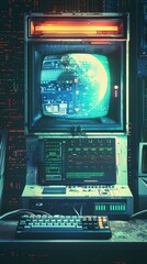 Fototapeta premium Retrofuturistic visualization of a vintage computer system upgraded with modern software to support secure, ecofriendly commerce and information exchange