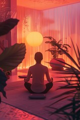 Retrofuturistic visualization of a 1950s style living room where a person practices yoga, blending vintage and modern concepts of wellbeing