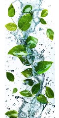 water and leaves on a white background