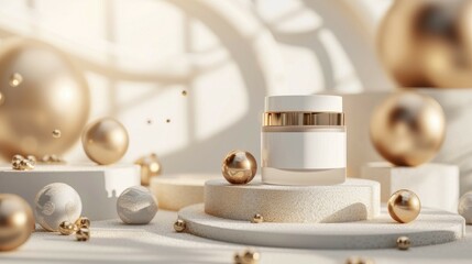 Luxurious Skincare Products with Golden Accents. Elegant arrangement of luxurious skincare products with golden accents, set against a soft and dreamy background