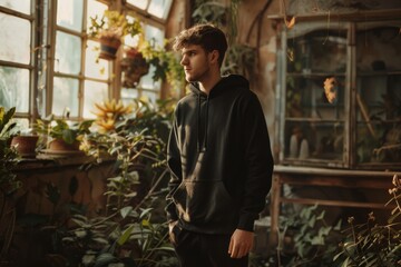 portrait of a man indoors with many plants