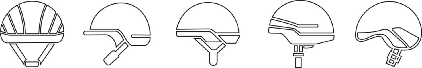 Motorcycle helmet vector icon set. Racing team helmet, Construction helmet, motorcycle helmet, hard hat black line collection for web design isolated on transparent background.