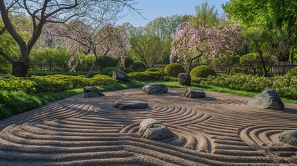 A tranquil Zen garden, with raked gravel patterns and minimalist rock formations, surrounded by lush greenery and delicate cherry blossom trees, evoking a sense of calm and tranquility.