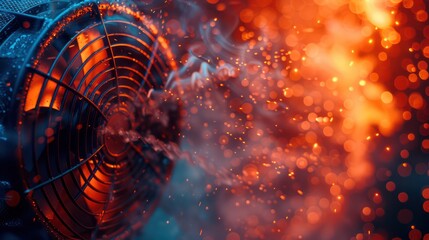 Hot summer air, fan and smoke, red hot particles. Generative AI