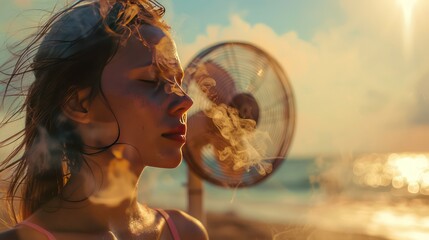 Portrait of girl against background of sea and blowing fan, concept of hot summer, vacation and happiness. Generative AI