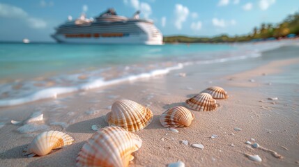 Large cruise ship near sandy shore with seashells on beach, summer vacation background. Generative AI