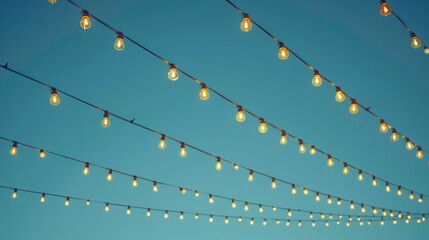 Garland of glowing light bulbs on blue sky at summer festival. Generative AI