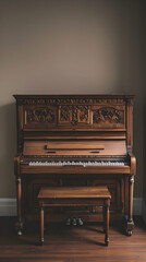Fototapeta na wymiar Mid-20th Century Vintage Upright Piano & Matching Bench in Pristine Condition, Worth Approximately $600