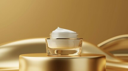 Luxurious Cream Jar on Golden Pedestal. Elegant jar of luxurious cream placed on a golden pedestal with a soft, warm background, highlighting skincare and beauty