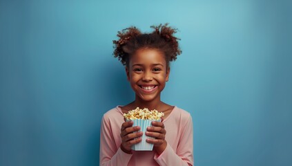 Photo of cheerful carefree kid hands hold throwing popcorn have fun beaming smile isolated on blue color background