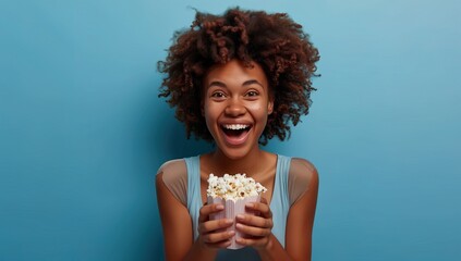 Photo of cheerful carefree kid hands hold throwing popcorn have fun beaming smile isolated on blue color background