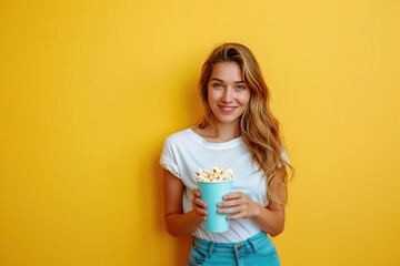 Image shows a close-up of a young woman holding a large bucket of popcorn. She is smiling.