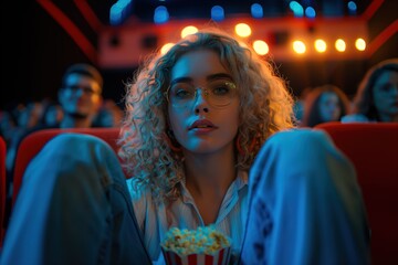 Beautiful woman in cinema holding popcorn, looking and smile at camera