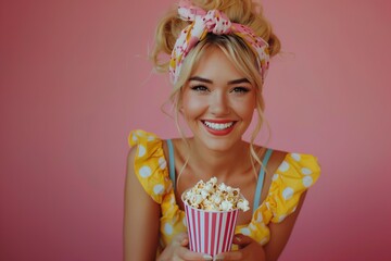 Image shows a close-up of a young woman holding a large bucket of popcorn. She is smiling