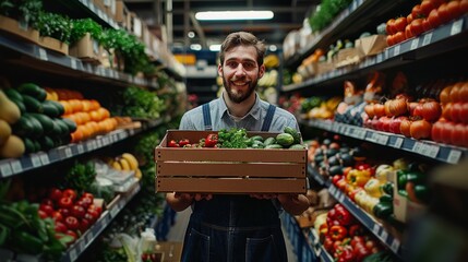 A man warehouse worker in grocery store warehouse, holding cardboard box full of vegetables, fruits and other groceries. Generative AI.