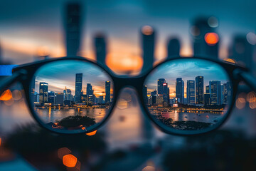 Cityscape focused in glasses lenses
