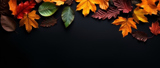 Autumn leaves against a dark backdrop creating a striking contrast and providing ample copy space