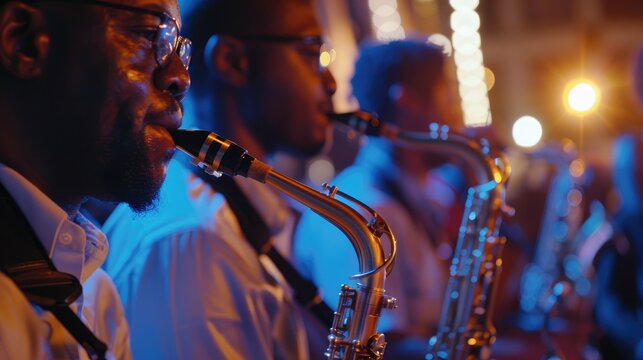 At the World Jazz Festival a group of talented saxophonists serenade the crowd with their mesmerizing melodies showcasing the magic of this iconic musical instrument