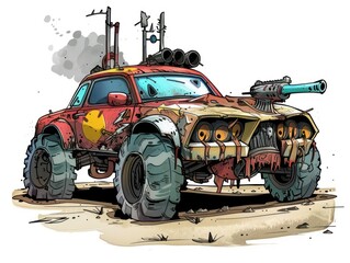 rusted twisted metal war car with weapons, white background