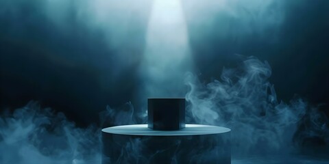 Eerie Scene: Dark Podium in Smoky Background with Dramatic Spotlight, Unoccupied. Concept Creepy Atmosphere, Moody Lighting, Unsettling Ambiance, Spooky Stage, Mystery Setting