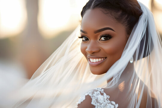Beautiful Black wedding bride, girl posing and smiling on her wedding day, brazilian bride.