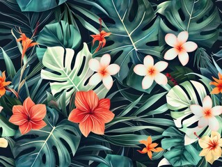 tropical leaves and flowers, pattern 