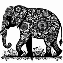 black silhouette of a   elephant and floral pattern