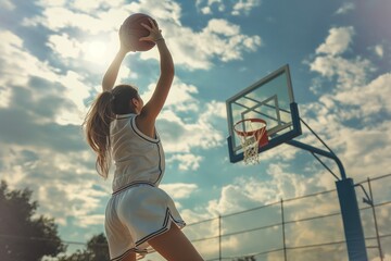 Basketball player shooting the ball at sunset outdoors