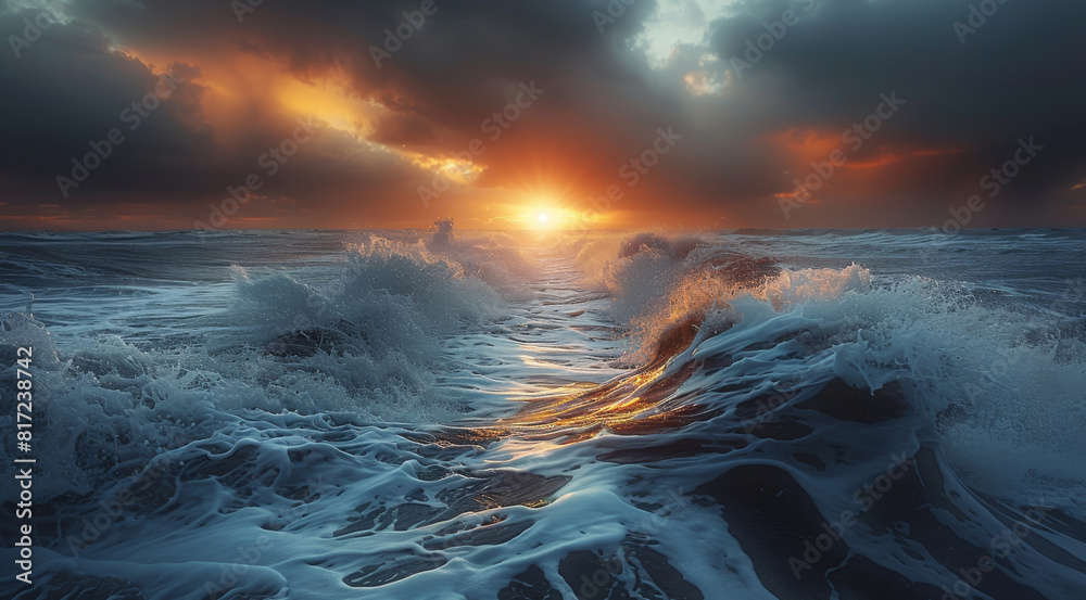 Poster A beautiful view of shore in winter during a storm with the sun right in the middle from afar at sunset, huge waves, soothing light. Generative AI.