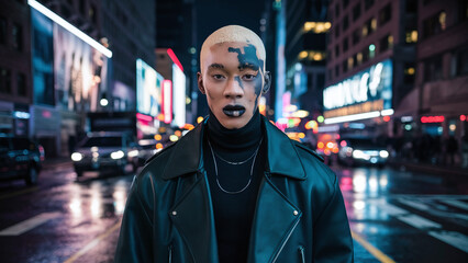 young male fashion model with vitiligo skin condition in New York at night, professional photography,black outfit and makeup, diverse model, gay, metrosexual