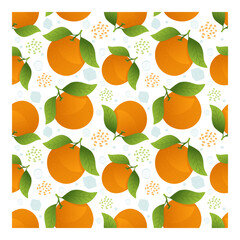 Orange pattern with green leaves on a white background. Seamless orange pattern. Wrapping paper, textile, vector illustration