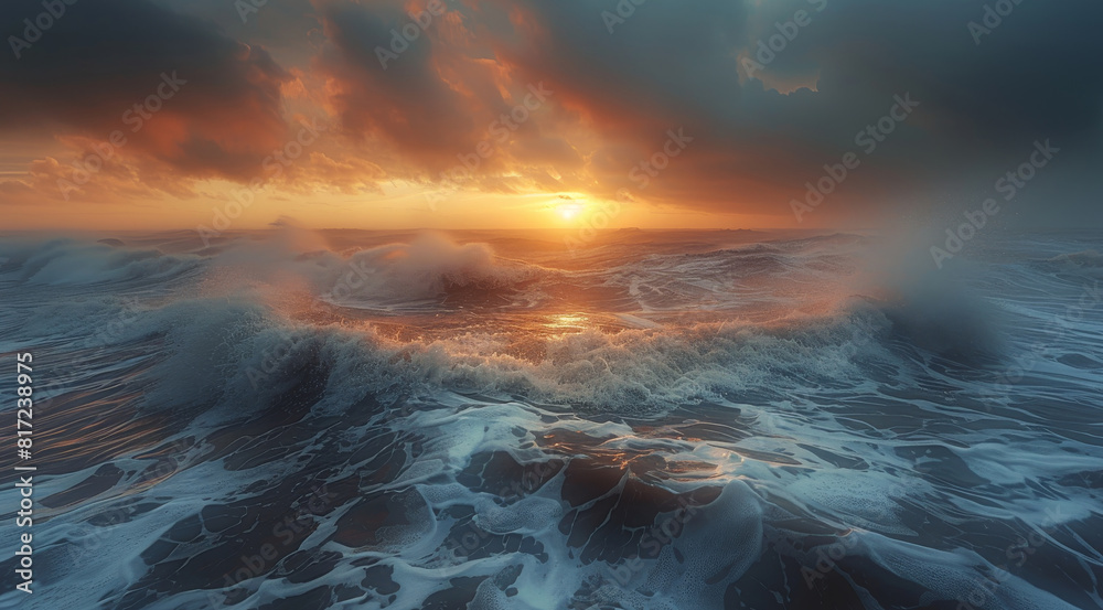 Poster A beautiful view of shore in winter during a storm with the sun right in the middle from afar at sunset, huge waves, soothing light. Generative AI.