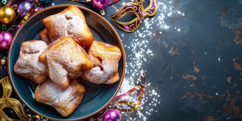 Festive Mardi Gras beignets dusted with powdered sugar, accompanied by colorful beads and a mask on dark background