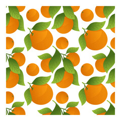 Seamless orange pattern with green leaves and lemon slices, oranges on tree branches on a white background. Wrapping paper, textile, vector illustration