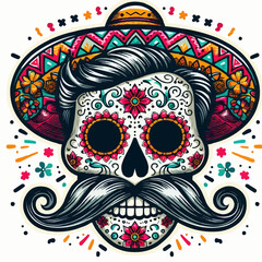 Colorful Sugar Skull with Floral Headdress for Day of the Dead, on white background, Dopamine Colors Cinco de Mayo concept