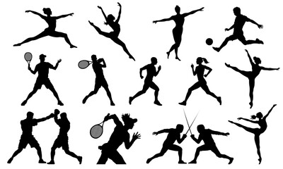 Set of 15 sport players silhouettes isolated on white background. Flat sportspeople - gymnast, athlete, runner, fencer, boxer, tennis player. Сollection of hand-drawn athletes in a variety of sports.