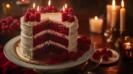 An elegant red velvet cake with cream cheese frosting, surrounded by flickering candles.