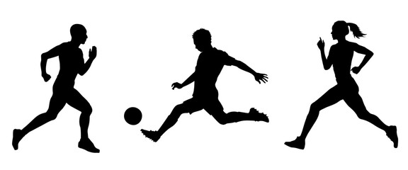 Dynamic black silhouette of athletic soccer player kicking a ball and athletic people running at a competition isolated on white background. Football player and athlete figures in motion. 