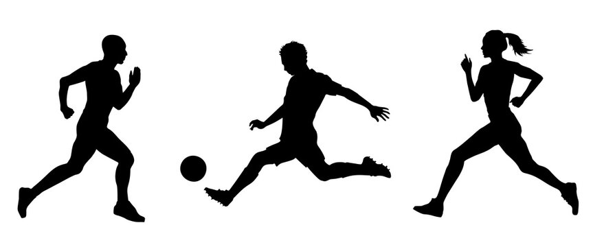 Dynamic black silhouette of athletic soccer player kicking a ball and athletic people running at a competition isolated on white background. Football player and athlete figures in motion. 