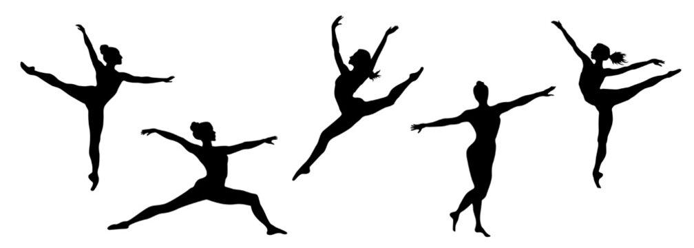 Black silhouette of a female gymnasts doing a split in mid-air isolated on white background. Ballerinas or women rhythmic gymnastic dancer at a sport competition, championship. Clip art design element