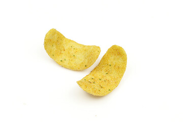 Two not fried vegetarian chips pieces isolated on white background. Crispy salty snack