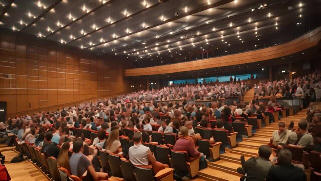 A large auditorium filled with numerous attendees listening to a presentation or event, A bustling auditorium filled with attendees
