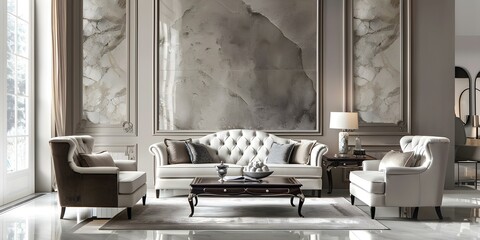 Elegant living room with warm tones chic furniture and empty walls. Concept Living Room Decor, Warm Color Palette, Chic Furniture, Wall Art, Elegant Design