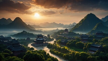 Chinese town in the mountains wallpaper