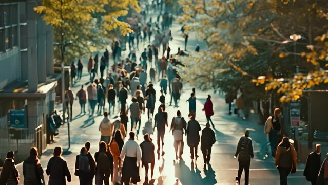 Large group of people walking down a busy street in a urban setting, A bustling campus filled with students walking to and from classes