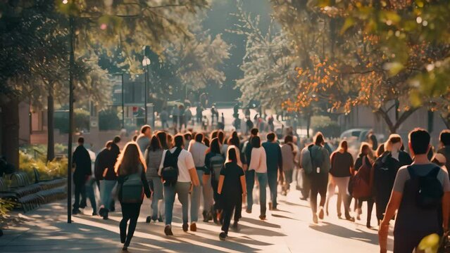 A large group of people walking down a busy sidewalk in a bustling campus setting, A bustling campus filled with students walking to and from classes