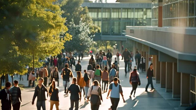 Crowded sidewalk as a diverse group of people walk together in a bustling campus setting, A bustling campus filled with students walking to and from classes
