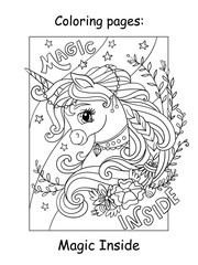 Cute unicorn with lettering magic inside coloring vector